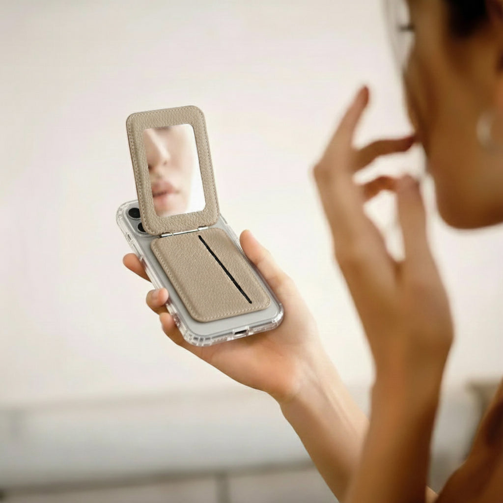 iPhone 17 Pro HD Clear Case + Leather MagSafe Wallet Stand with Mirror